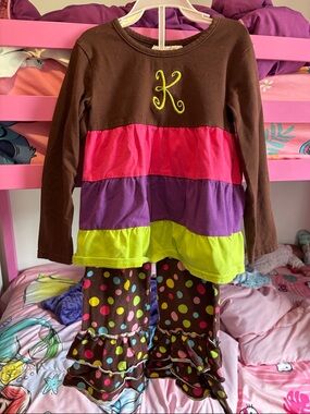 Girls' Brown Multicolor Tiered Matching Set with Monogram K